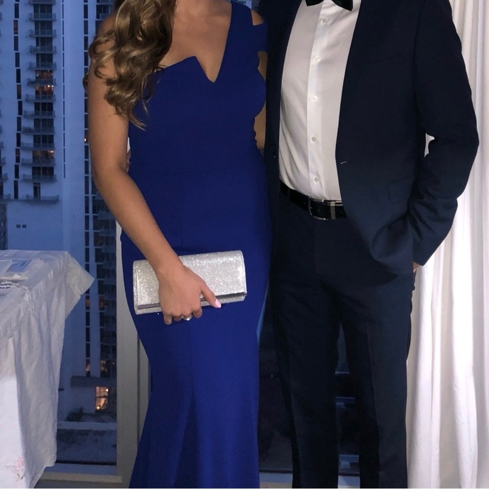 Betsy & Adam Cobalt Blue One-Shoulder Evening Gown - Picture 3 of 6